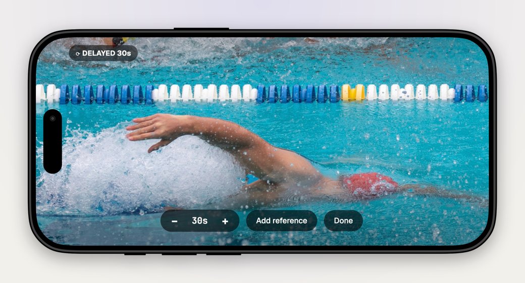 Replay in Touchpad — a swimmer mid-stroke on a 30-second delayed feed, with delay and reference-clip controls